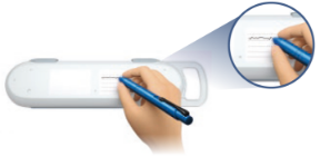 Image of aluetta pen injector holder and hand with a pen labelling the outside of the box