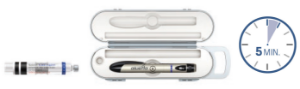 Image of aluetta pen injector in the holder, a cartridge, and a clock indicating 5 minutes