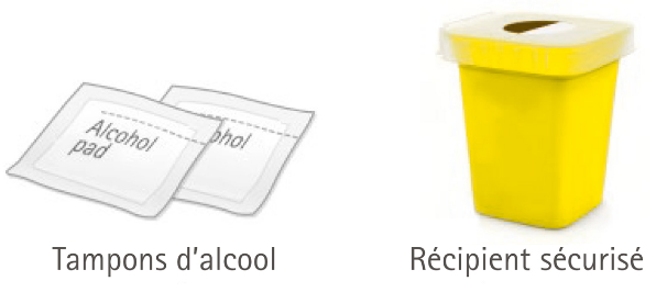 Image de tampons d’alcool et d’un récipient sécurisé jaune