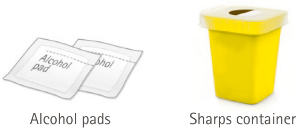 Image of alcohol pads and a yellow sharps container