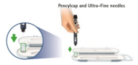 Image of hand holding the pen with needle down toward the outer needle cover that is already sitting in the well of the storage box