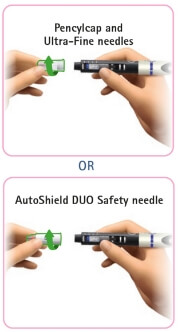 Image of left hand twisting off the needle to remove from the aluetta pen injector