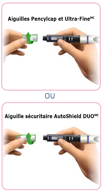 Image d’une main gauche tournant l’aiguille pour la retirer du stylo injecteur aluetta