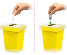 Image of hand disposing of the needles and empty cartridges