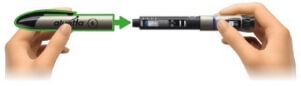 Image of left hand recapping the aluetta pen injector that is in the right hand