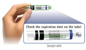 Image of hand holding a cartridge with zoom into the cartridge label and expiration date