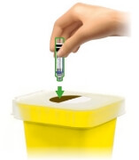 Image of a hand holding an empty or expired cartridge and disposing into the sharps container