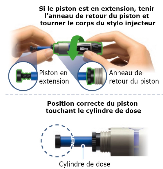 Image d’une main tenant l’anneau de retour du piston et faisant tourner le corps du stylo injecteur jusqu’à ce qu’il ne puisse plus tourner et que le piston touche le cylindre de dose