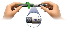 Image of lining up the pen injector body with the cartridge holder and twisting the cartridge holder onto the pen injector body until unable to twist; number printed on cartridge holder and pen injector body should align