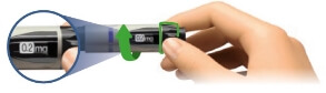 Image of hand holding an aluetta pen injector and turning the dose selection knob to 0.2 mg in the dose window