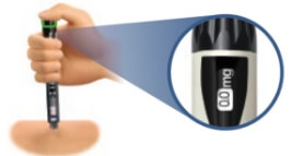Image of hand injecting the body at a 90-degree angle with the thumb pressing the injection button all the way down and a zoom into the dose window with the numbers 0.0 milligram