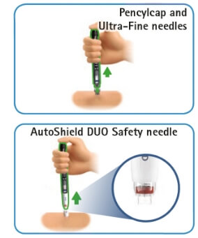 Image of hand holding the pen injector at a 90-degree angle with the thumb pressing the injection button all the way down with an arrow pulling away from body